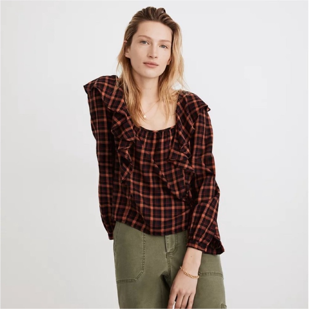 Madewell | Plaid Ruffled Square-Neck Crop Top